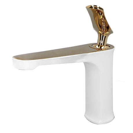 Angled view of the brass basin mixer tap and metal lever handle