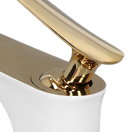 Long spout brass basin tap styled in a contemporary bathroom