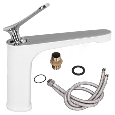Single handle basin mixer tap in white silver brass with lever handle
