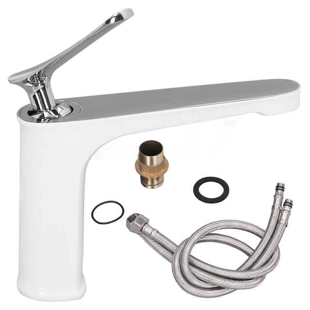 Single handle basin mixer tap in white silver brass with lever handle