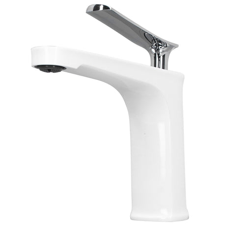 White silver basin mixer tap shown from the front on a white background