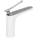 Angled view of white silver brass basin mixer tap and metal handle