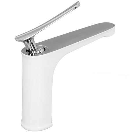 Angled view of white silver brass basin mixer tap and metal handle
