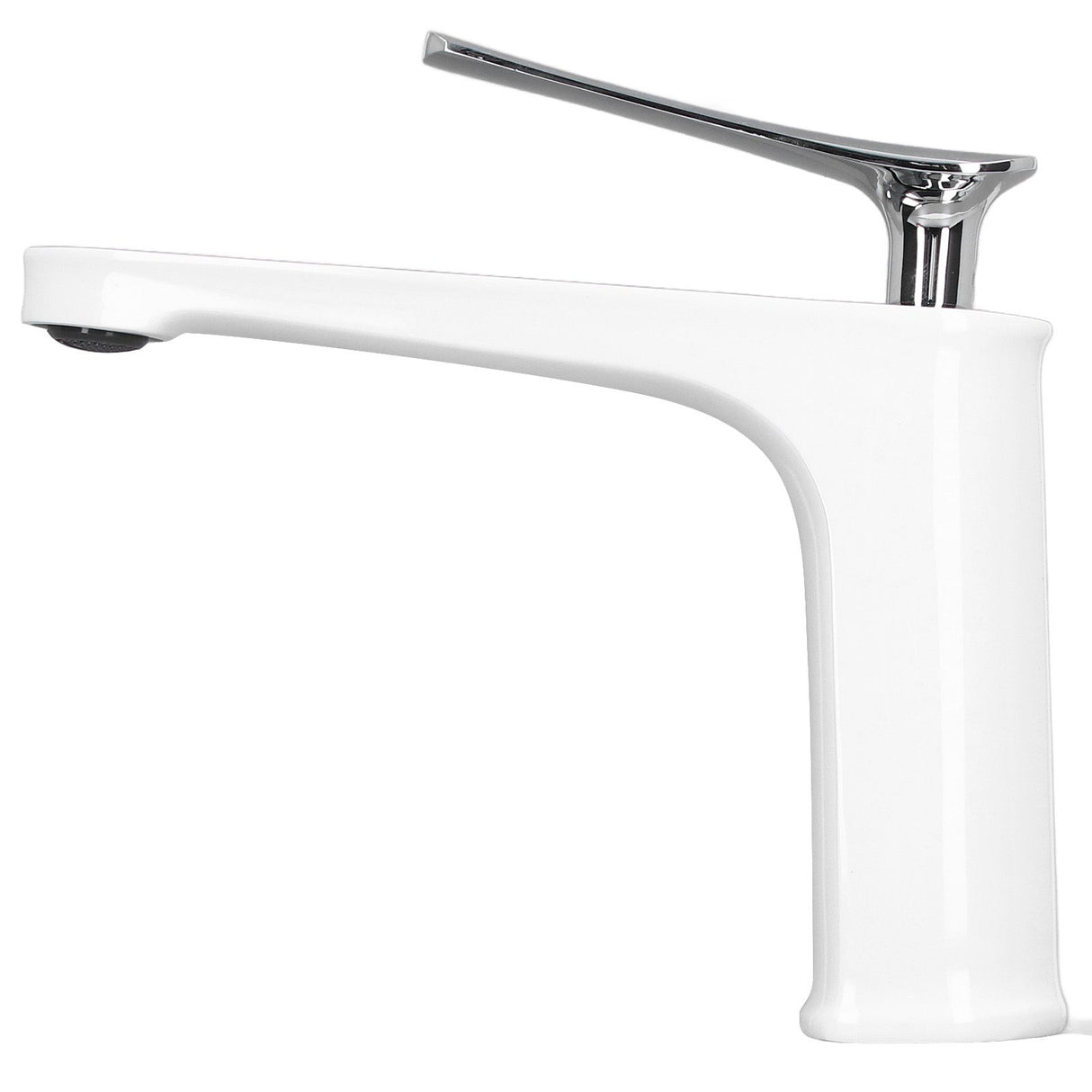 Basin mixer tap in use with water flowing into a basin