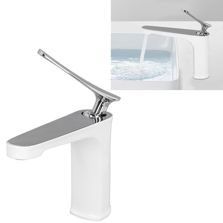 Dimension diagram of the basin mixer tap showing height and spout reach