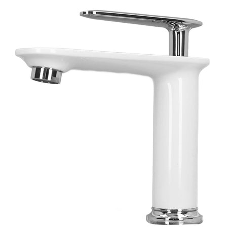 Front view of the white silver single handle basin mixer