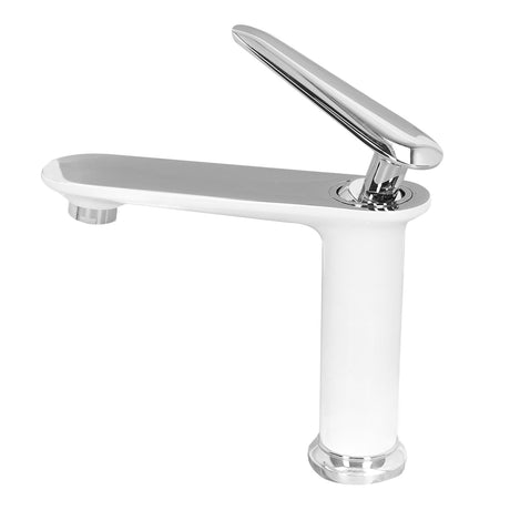 Close up of the lift up handle on the white silver basin tap