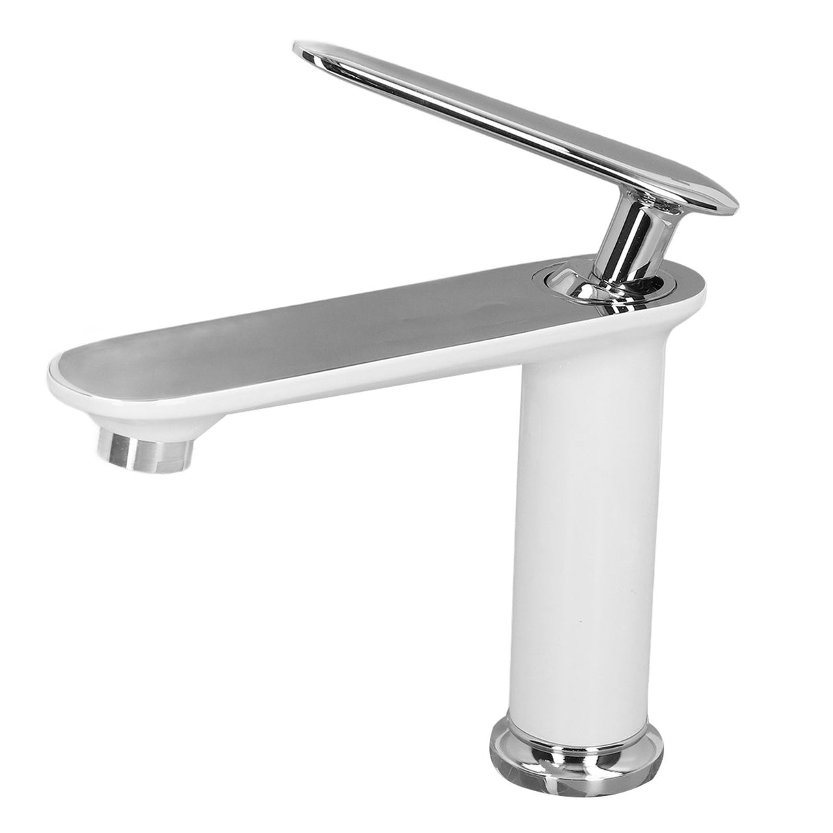 Spout outlet detail of the white silver brass basin mixer