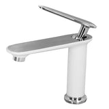 Spout outlet detail of the white silver brass basin mixer