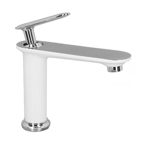 White silver basin mixer installed on a bathroom vanity