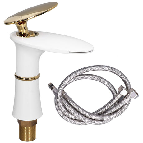 Waterfall basin mixer tap in white and gold with golden handle
