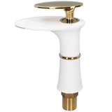 Waterfall basin mixer tap in white and gold with golden handle