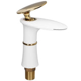 Waterfall basin mixer tap in white and gold with golden handle