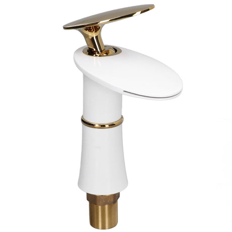 Waterfall basin mixer tap in white and gold with golden handle