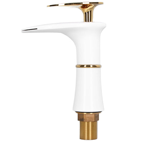 Waterfall basin mixer tap in white and gold with golden handle