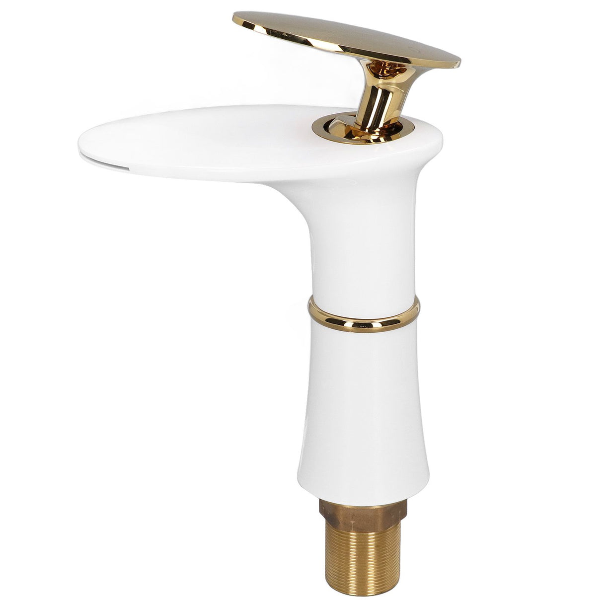 Waterfall basin mixer tap in white and gold with golden handle