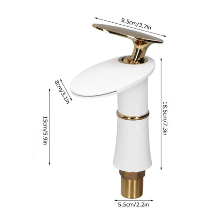 Waterfall basin mixer tap in white and gold with golden handle