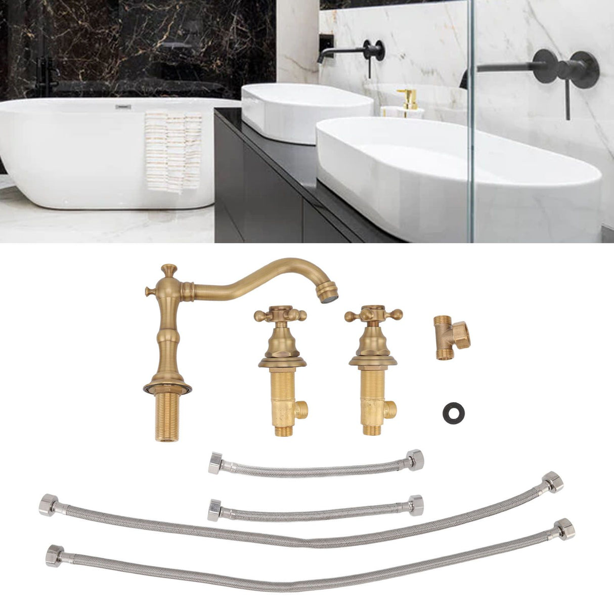 Water flowing from the spout of the copper three hole basin tap