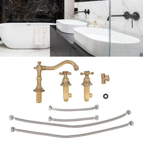 Water flowing from the spout of the copper three hole basin tap