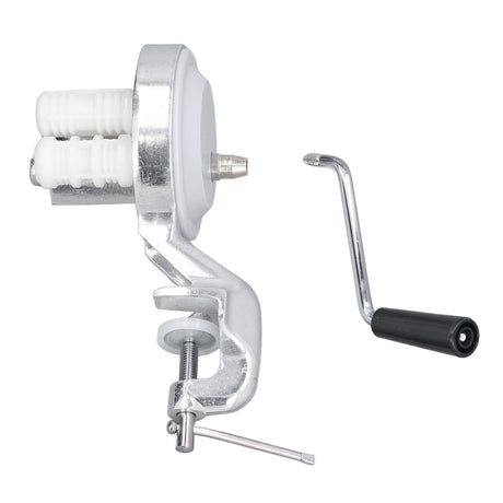 Manual macaroni maker in silver aluminium alloy with hand crank handle