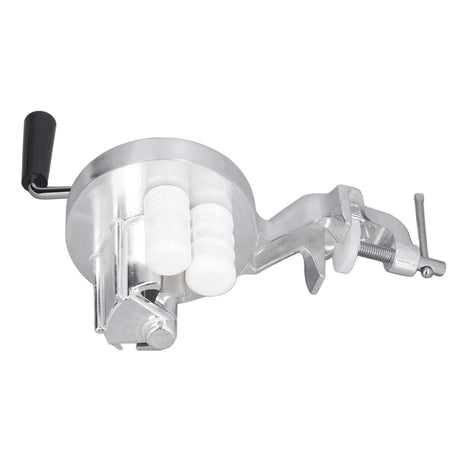 Angled view of the compact hand cranked pasta press