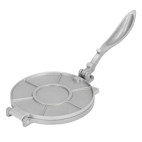 Silver aluminium tortilla press with 19.5 cm plate, closed