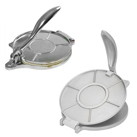 Tortilla press being used on a kitchen bench