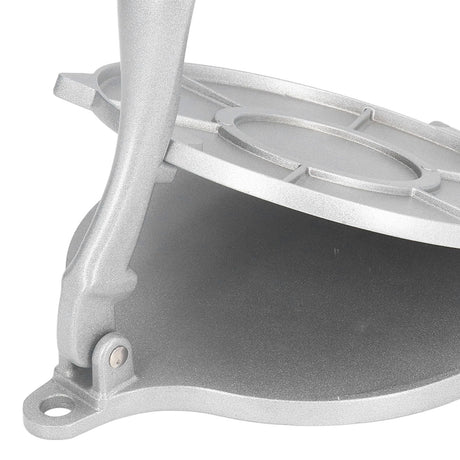 Silver tortilla press shown ready for packaging