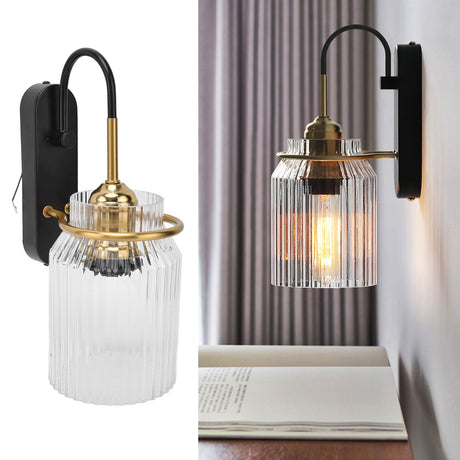 Retro glass wall sconce light with wrought iron base