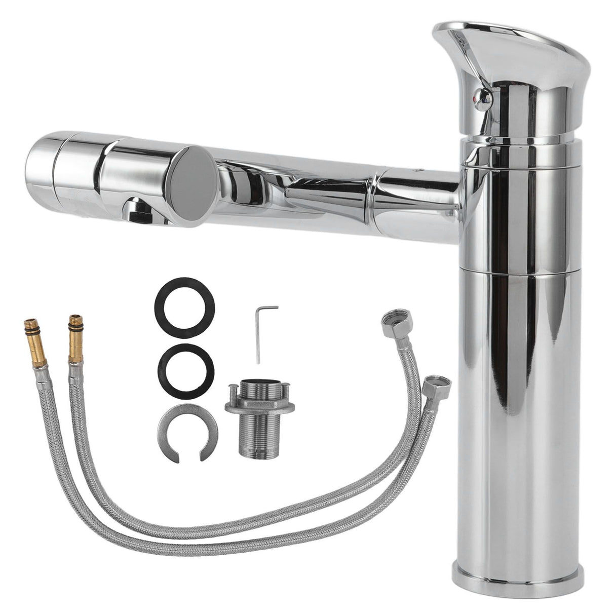 Silver single hole basin tap with crossbar handle and connection hoses