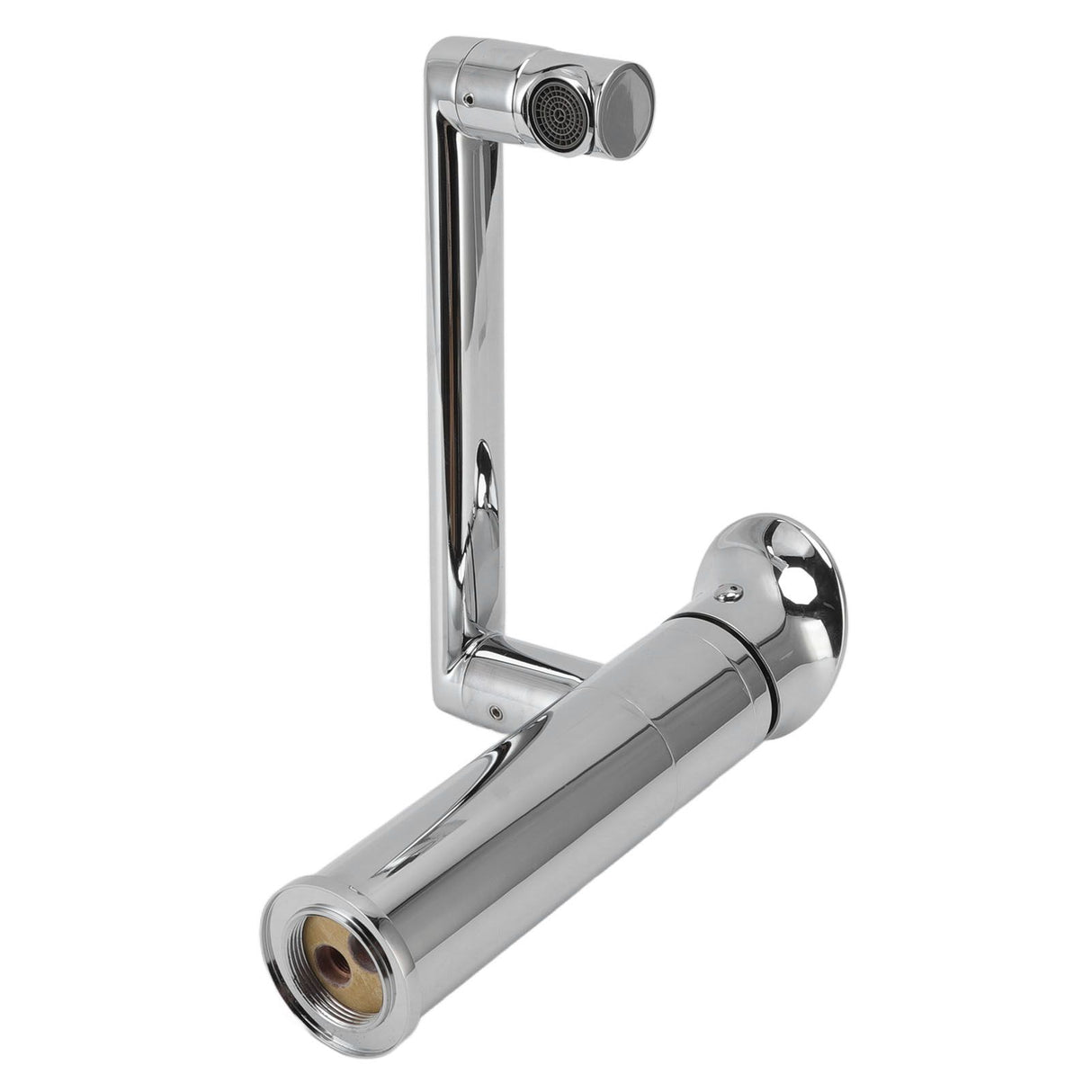 Angled view of the copper and stainless steel basin tap