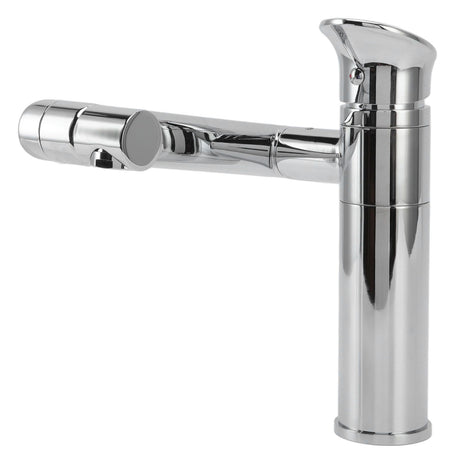 Close up of the crossbar handle on the silver basin tap