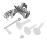 Manual meat grinder and sausage filler in silver aluminium alloy with hand crank