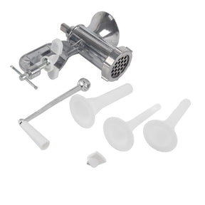 Manual meat grinder and sausage filler in silver aluminium alloy with hand crank