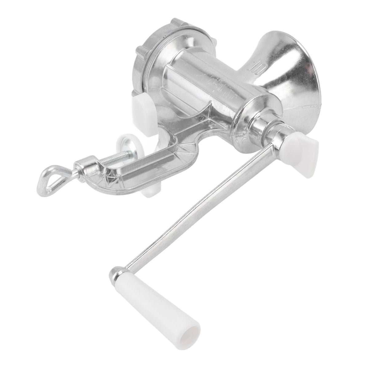 Manual meat grinder mincing beef on a kitchen bench