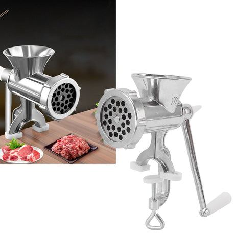 Hand crank meat grinder clamped to a table edge