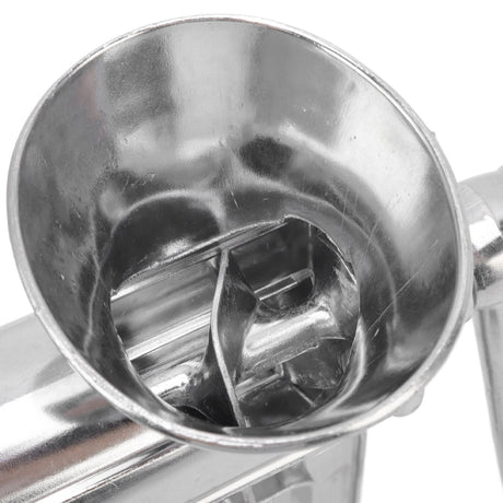 Manual meat grinder shown at an angle to display the crank and hopper