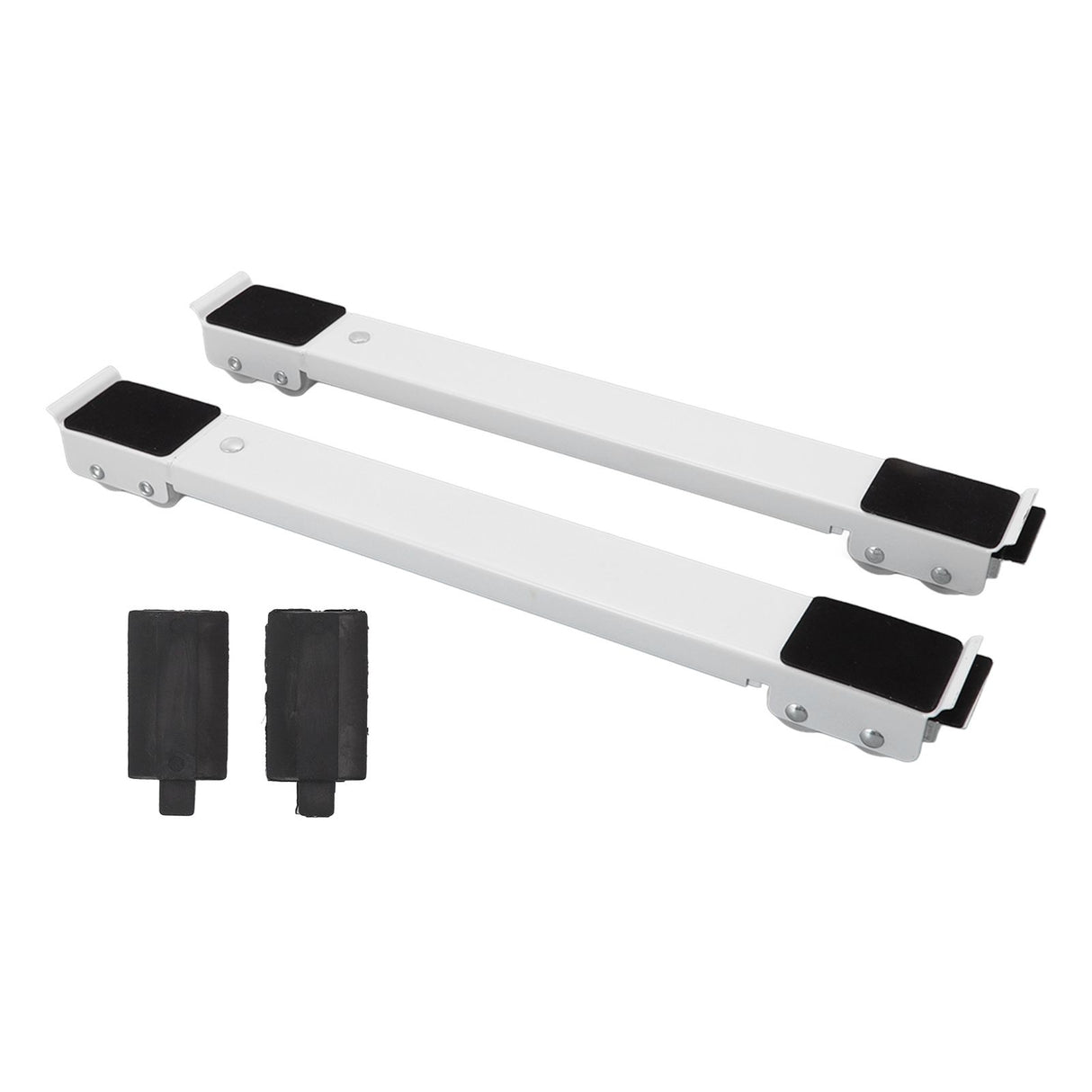 Pair of white adjustable appliance rollers with steel frames