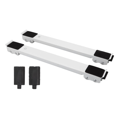 Pair of white adjustable appliance rollers with steel frames