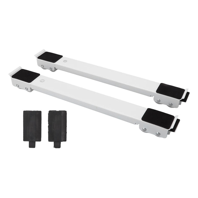 Pair of white adjustable appliance rollers with steel frames