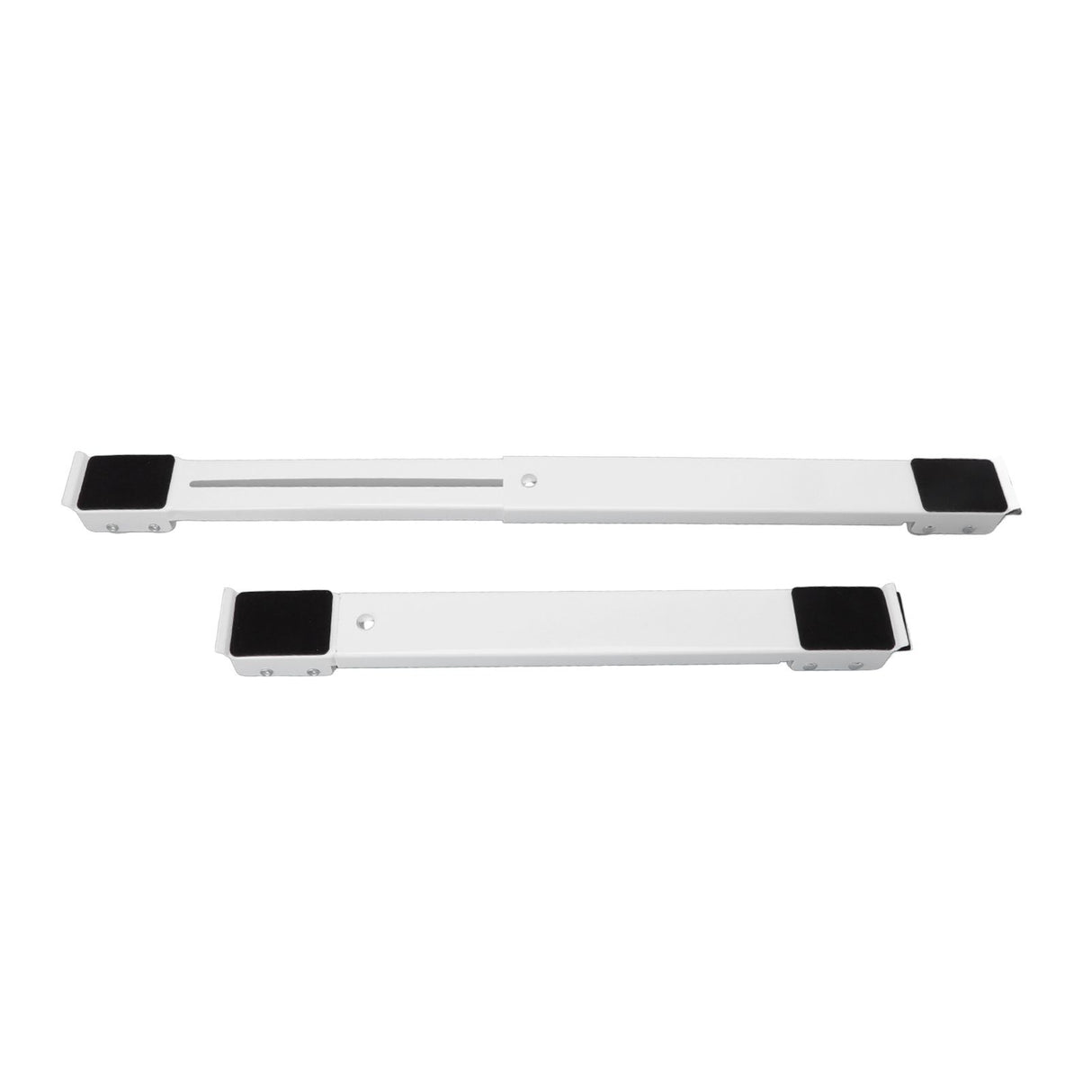 Washing machine standing on a pair of white appliance rollers
