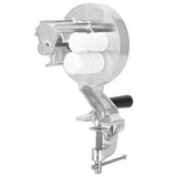Stainless steel hand crank noodle press viewed from the side