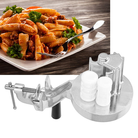 Manual macaroni maker in use on a kitchen bench