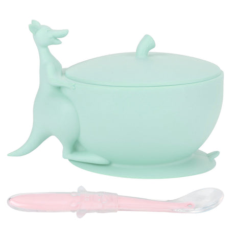 Silicone baby feeding bowl and spoon set with suction base in light green