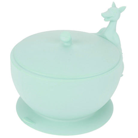 Silicone baby feeding bowl and spoon set with suction base in light green