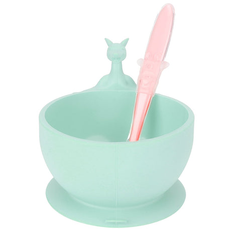 Silicone baby feeding bowl and spoon set with suction base in light green