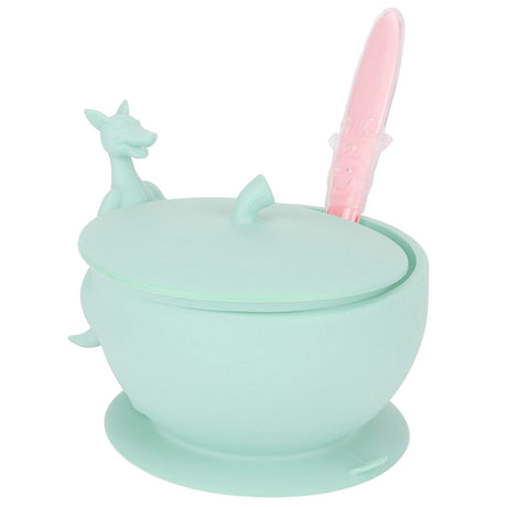 Silicone baby feeding bowl and spoon set with suction base in light green