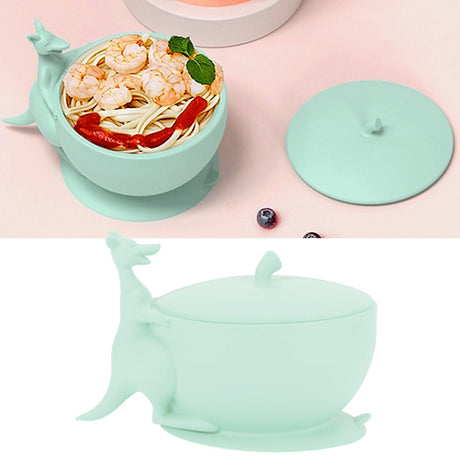 Silicone baby feeding bowl and spoon set with suction base in light green