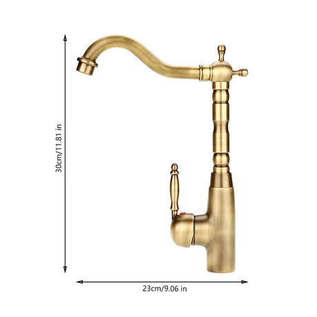 Detail of the curved spout on the antique brass basin mixer