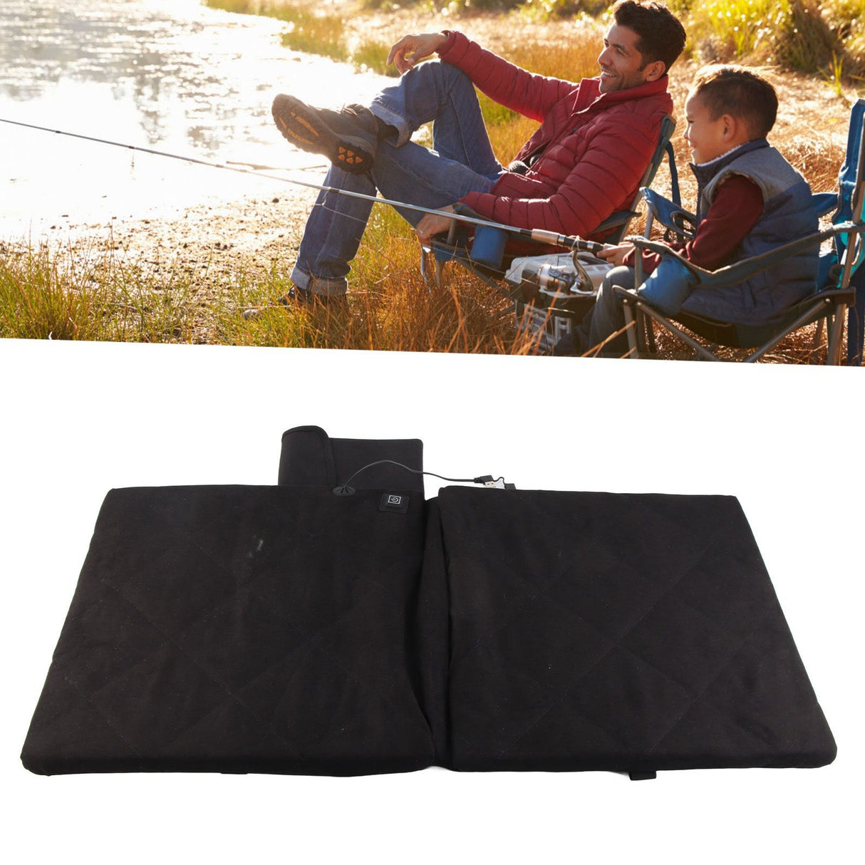 Edith Heated Seat Cushion, Foldable Stadium Pad with Backrest, 3 Heat Levels, Black